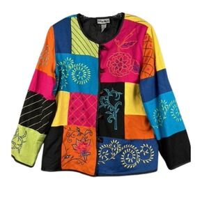 Patchwork Embroidered Jacket Womens Large Colorful Boho Hippie Indigo Moon